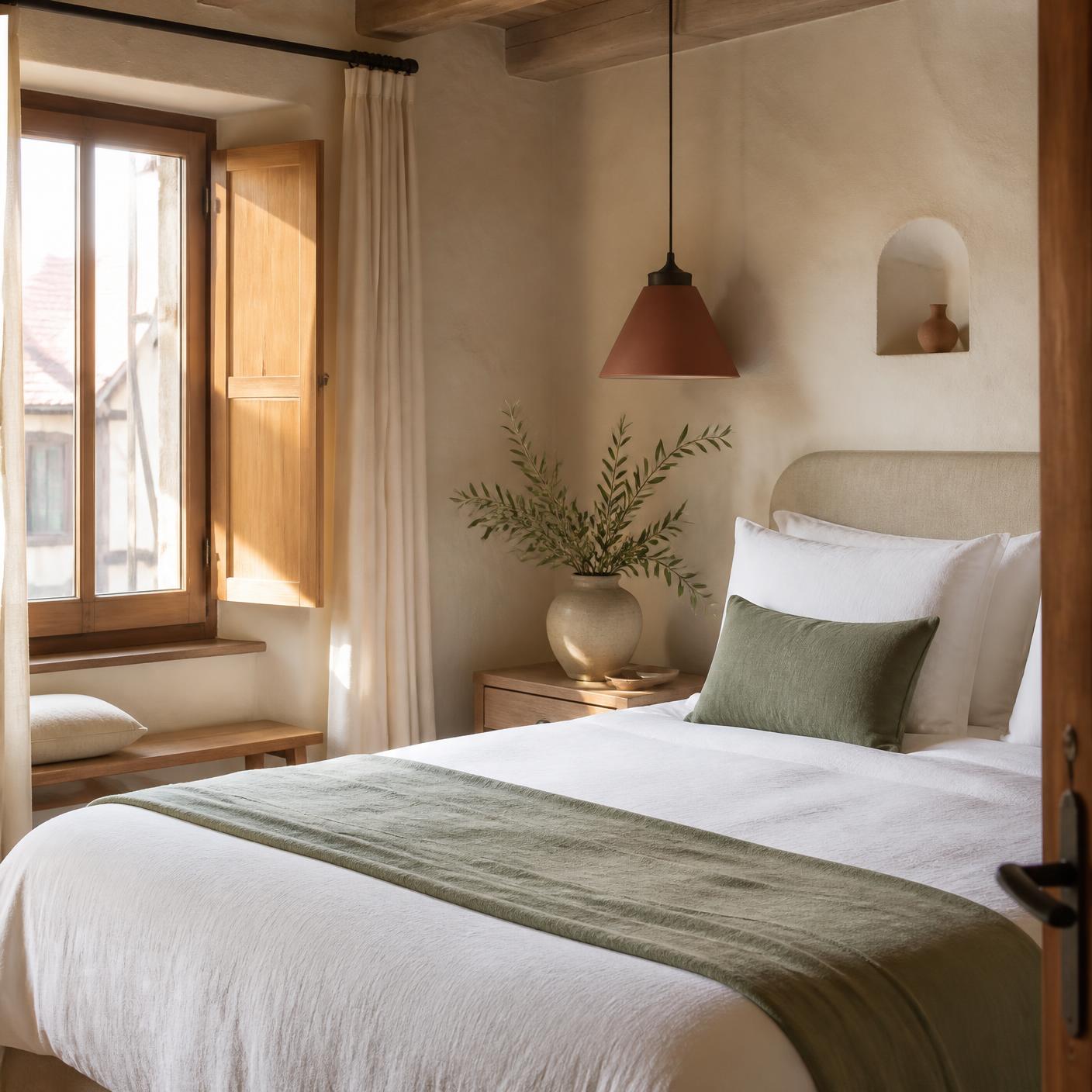 Chambre en lin clair sous les poutres anciennes